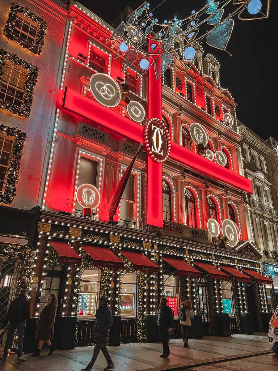 Christmas lights and decorations outside the Cartier Store