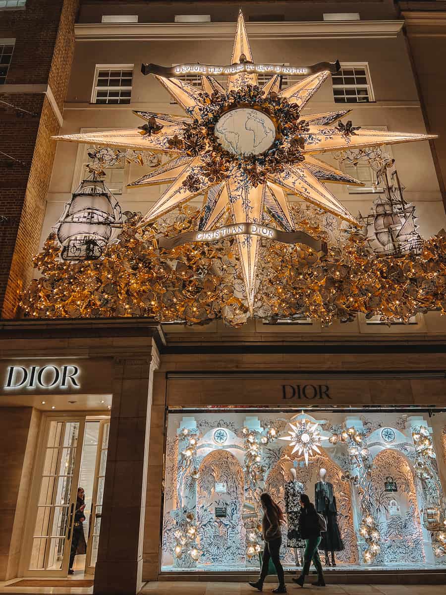 The decorated Christmas shop windows of Chanel on Bond Street on