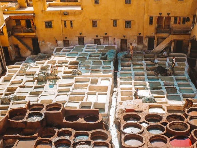 The white vats to make leather at Fez Tannery